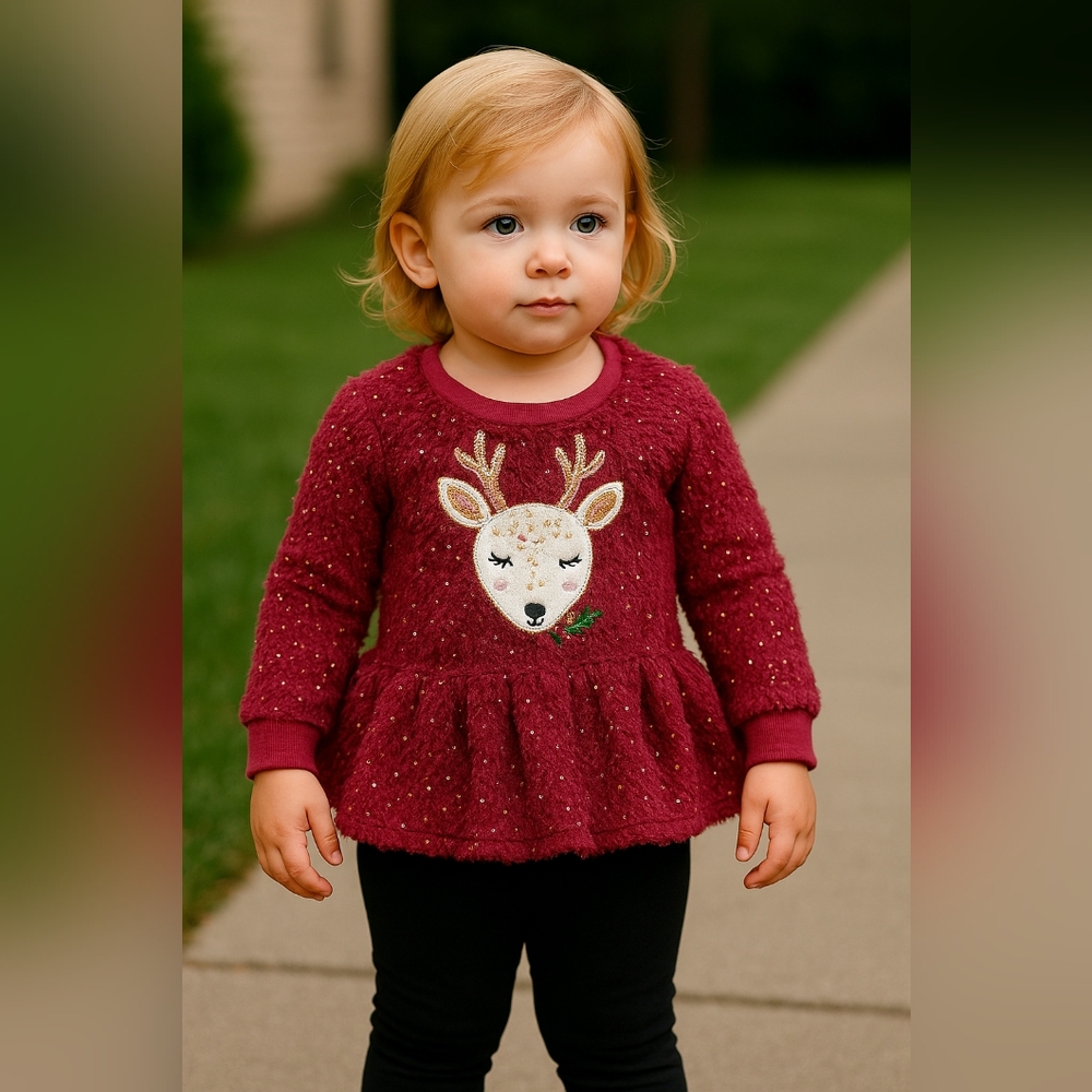 M8 ) Girls 2T Burgundy Fuzzy Reindeer Peplum Top – Holiday Sparkle